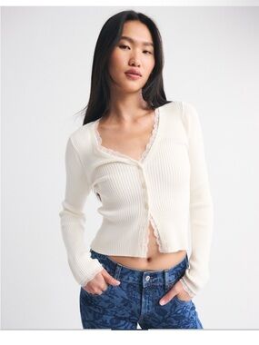 Abercrombie & Fitch Cream Ribbed Lace-Trim Button Cardigan
